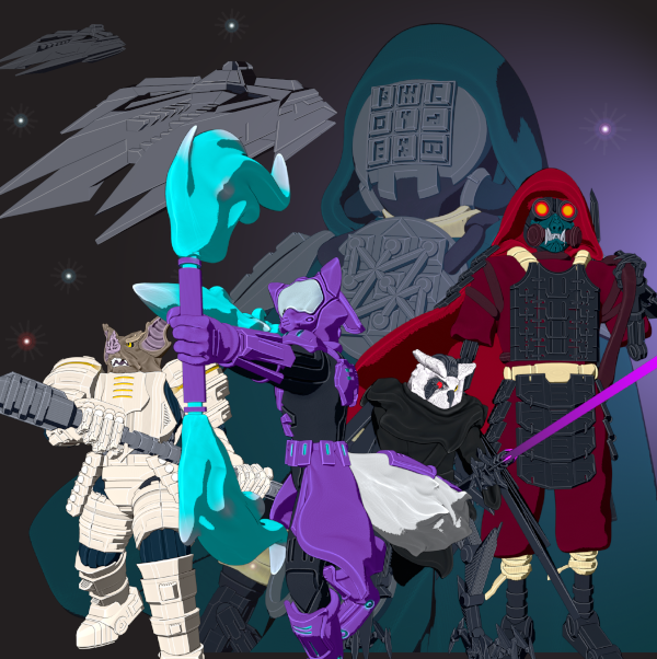A poster presenting characters of multiple classes from the game: a bundar bright-shield readying his mace protected by a thick white armour, a vulpathian infiltrator drawing a bow and completly covered in a purple armour except for their white fluffy tail, a strigforan hierophant wielding a lightsaber and a bionic red eye, a green orc ronin with metal arms and a red cloak under a Karuta armour, and an ominous person masked with witch symbols and covered in a green cloak behind them. Spaceships also appear in the background.